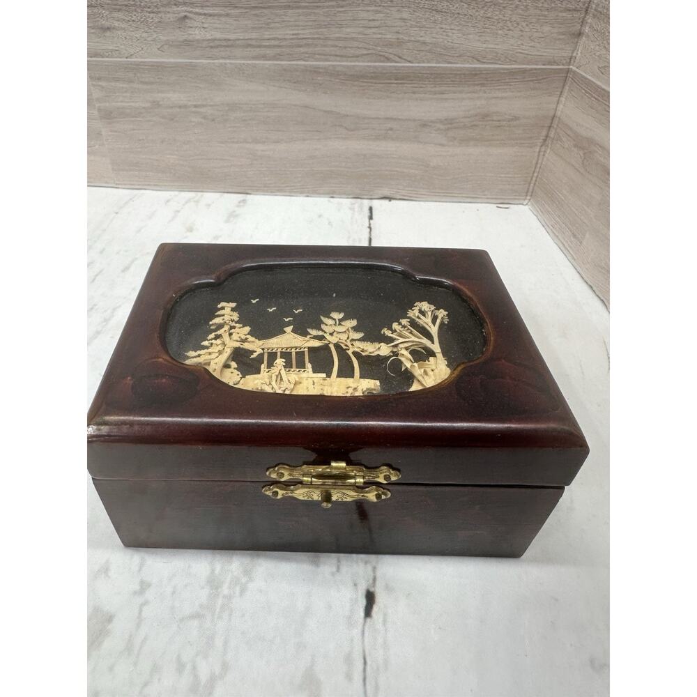 vintage Oriental Wooden Trinket Box 3D Cork Art Diorama Pagoda Cranes Trees